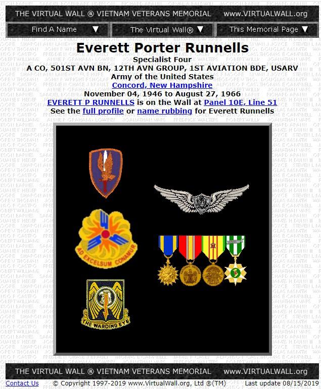 Everett Porter Runnells Concord NH Vietnam War Casualty