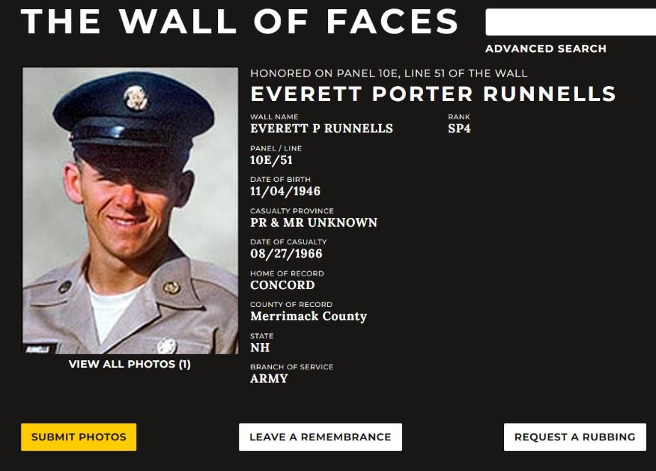 Everett Porter Runnells Concord NH Vietnam War Casualty