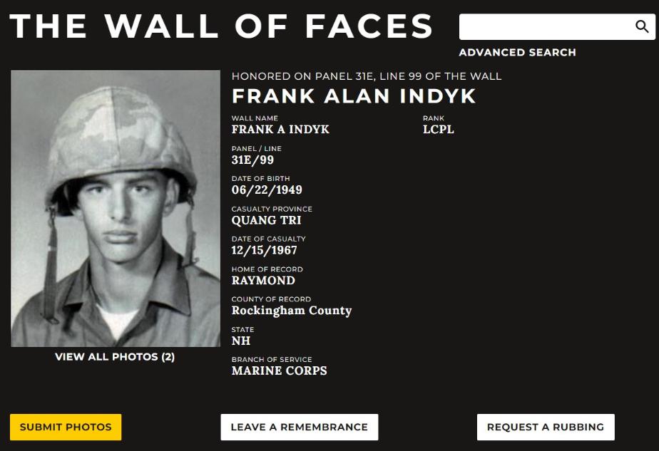 Frank Alan Indyk Raymond NH Vietnam War Casualty