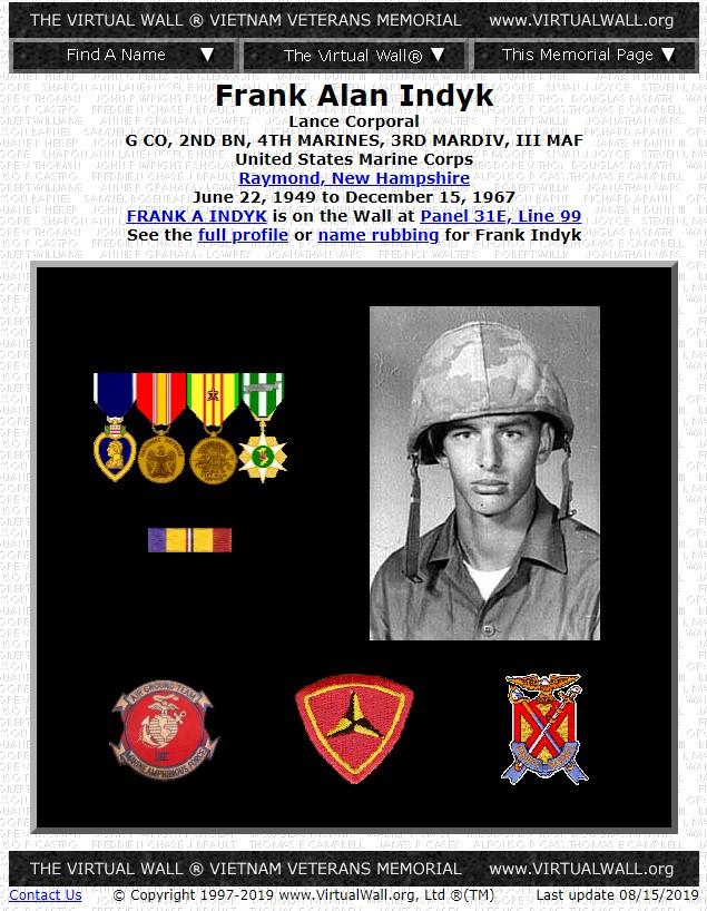 Frank Alan Indyk Raymond NH Vietnam War Casualty