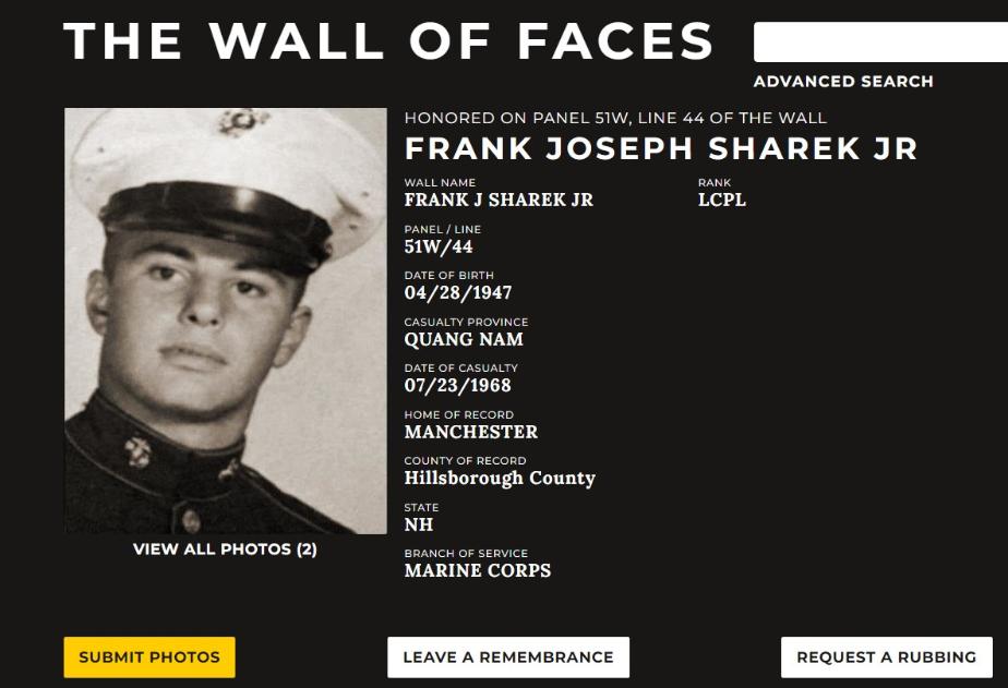 Frank Joseph Sharek Jr Manchester NH Vietnam War Casualty