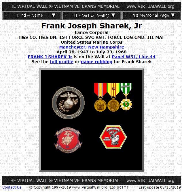 Frank Joseph Sharek Jr Manchester NH Vietnam War Casualty