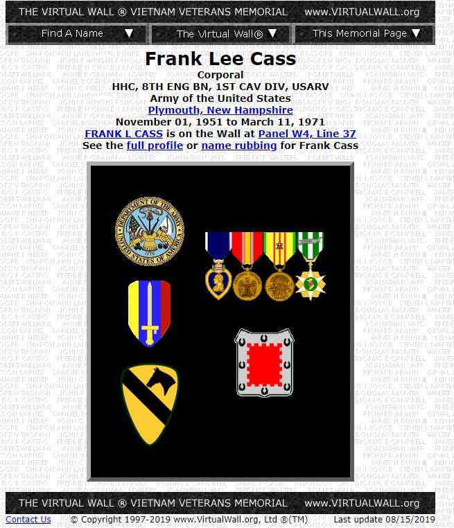 Frank Lee Cass Plymouth NH Vietnam War Casualty 