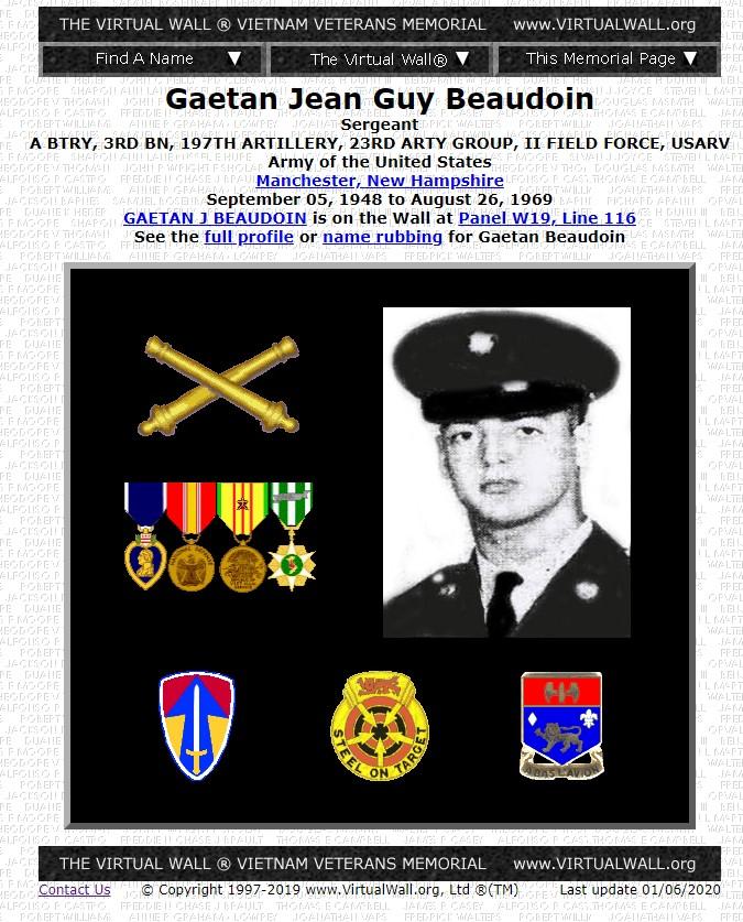 Gaetan Jean Guy Beaudoin Manchester NH Vietnam War Casualty