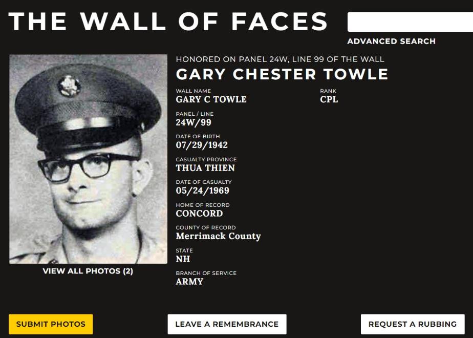 Gary Chester Towle Concord NH Vietnam War Casualty