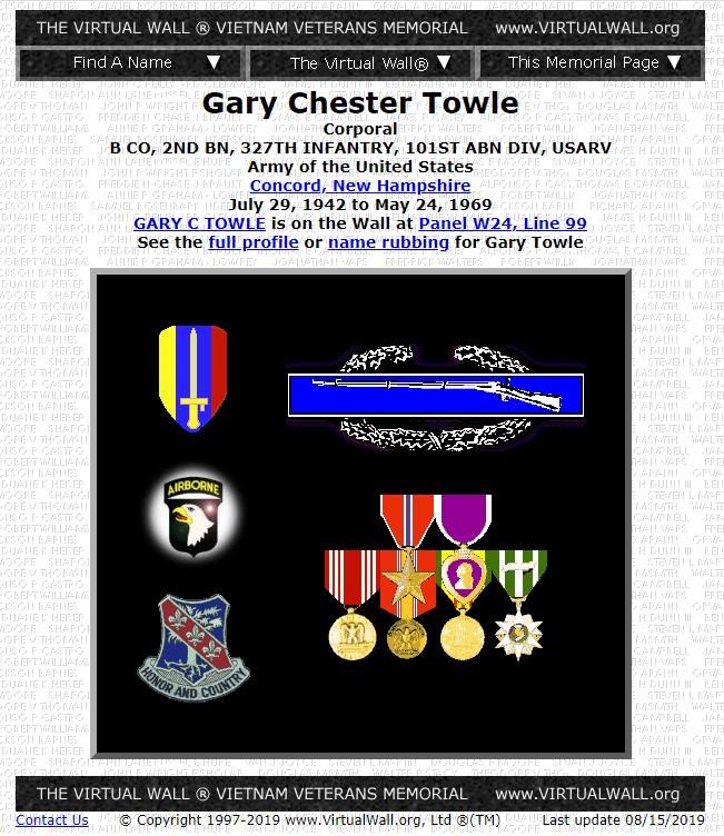 Gary Chester Towle Concord NH Vietnam War Casualty