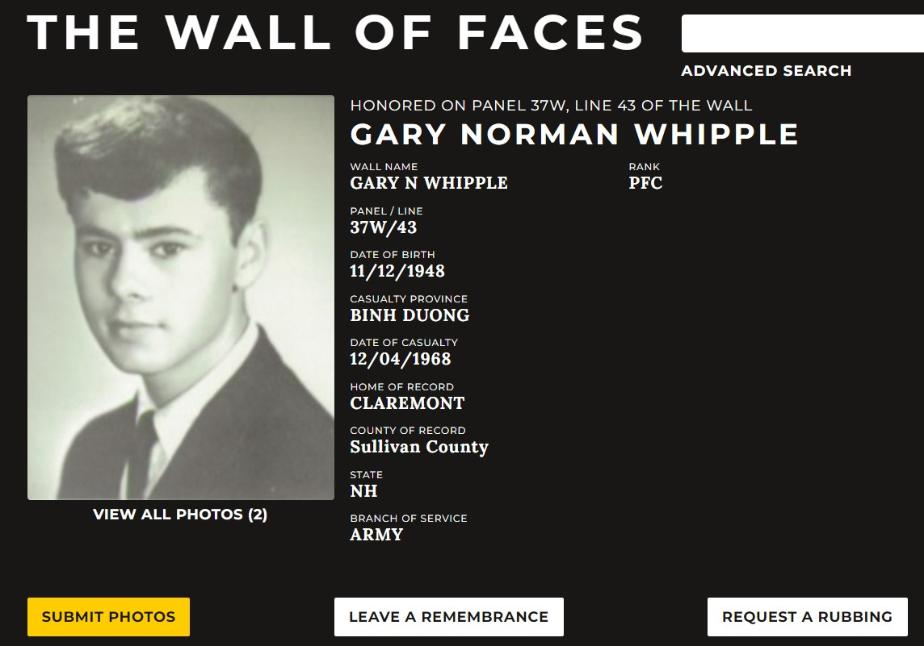 Gary Norman Whipple Claremont NH Vietnam War Casualty