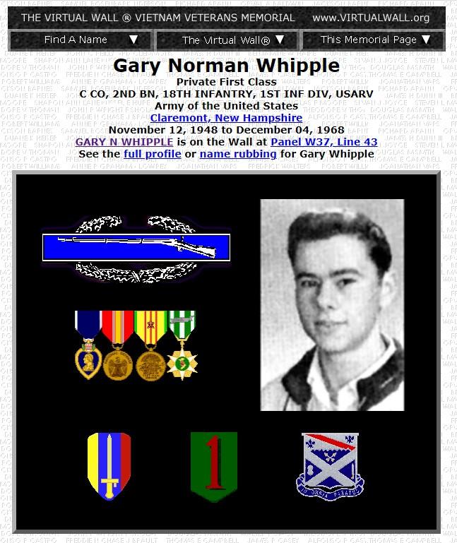 Gary Norman Whipple Claremont NH Vietnam War Casualty