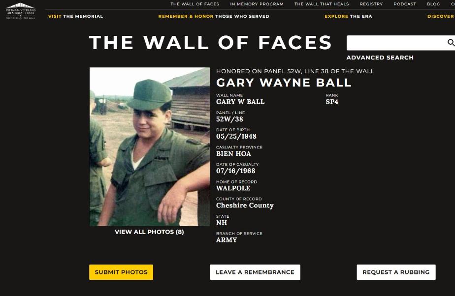 Gary Wayne Ball Walpole NH Vietnam War Casualty