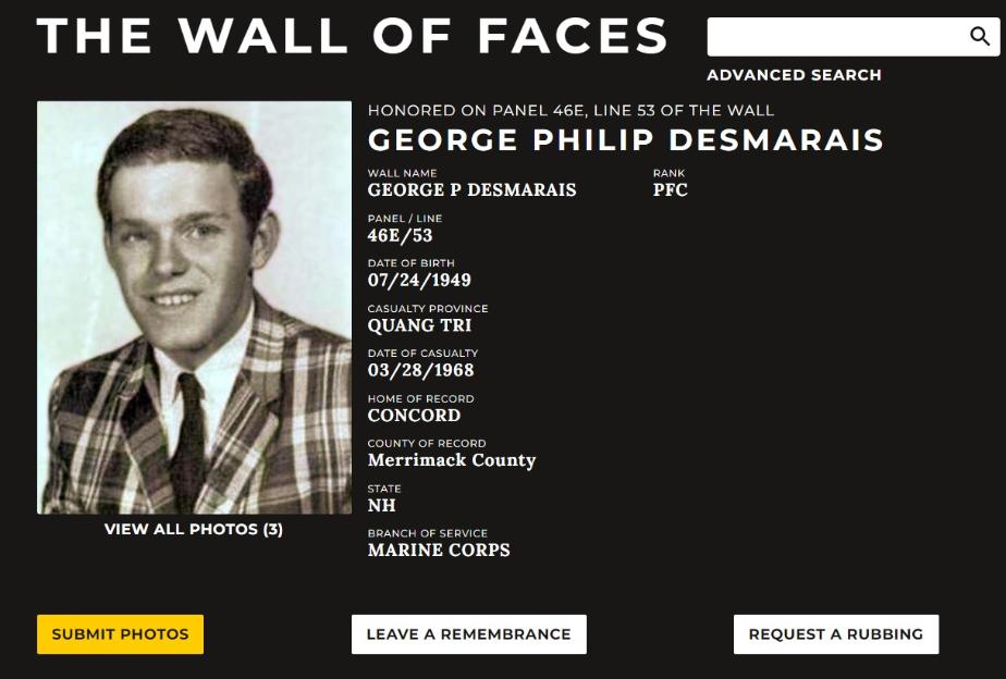 George Phillip Desmarais Concord NH Vietnam War Casualty