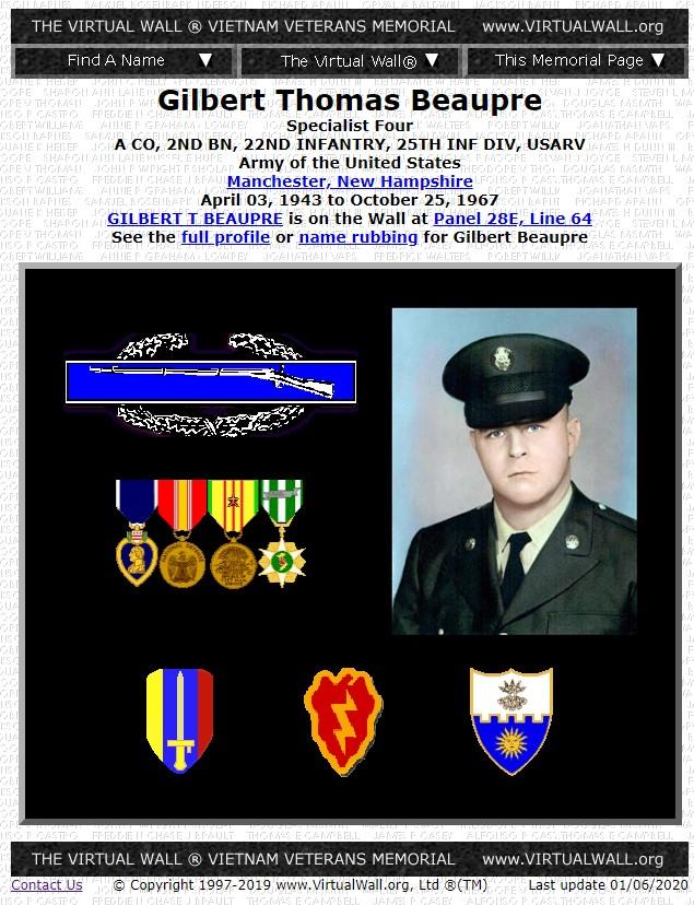 Gilbert Thomas Beaupre Manchester NH Vietnam War Casualty