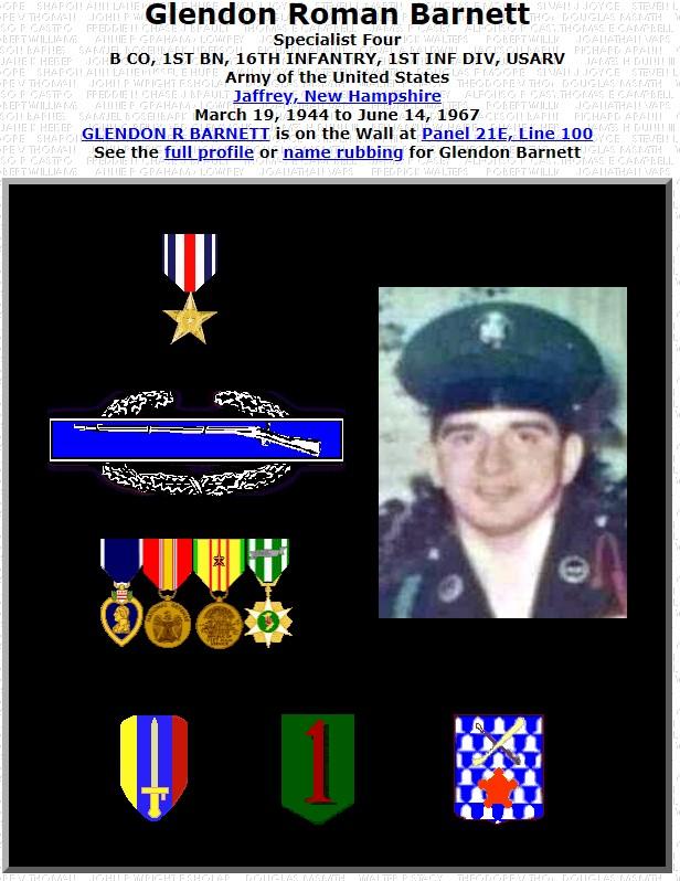 Glendon Roman Barnett Jaffrey NH Vietnam War Casualty