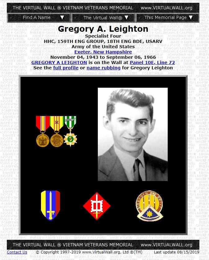 Gregory A Leighton Exeter NH Vietnam War Casualty