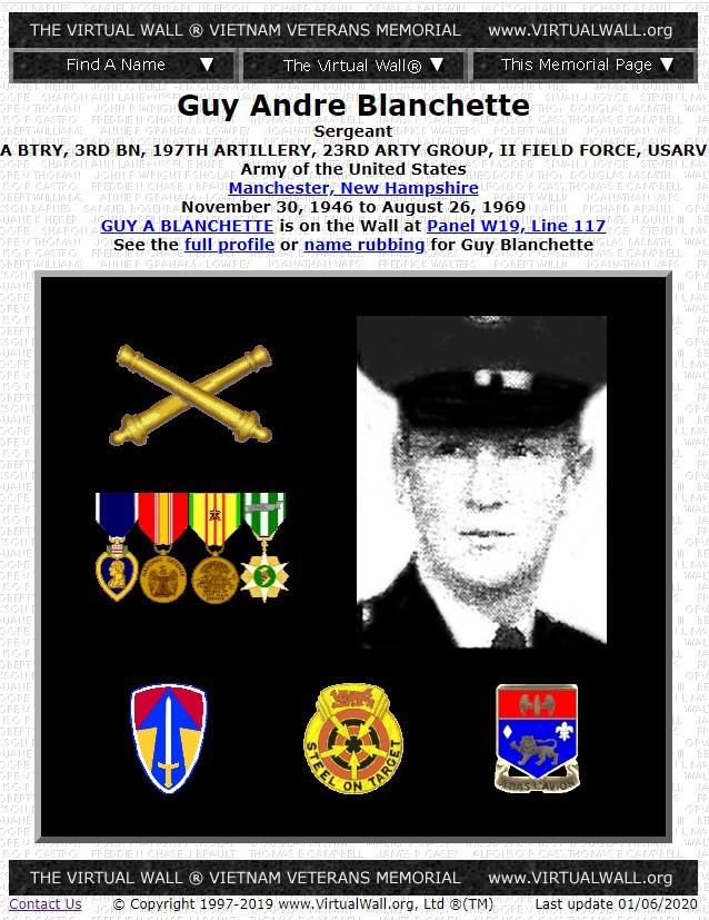 Guy Andre Blanchette Manchester NH Vietnam War Casualty