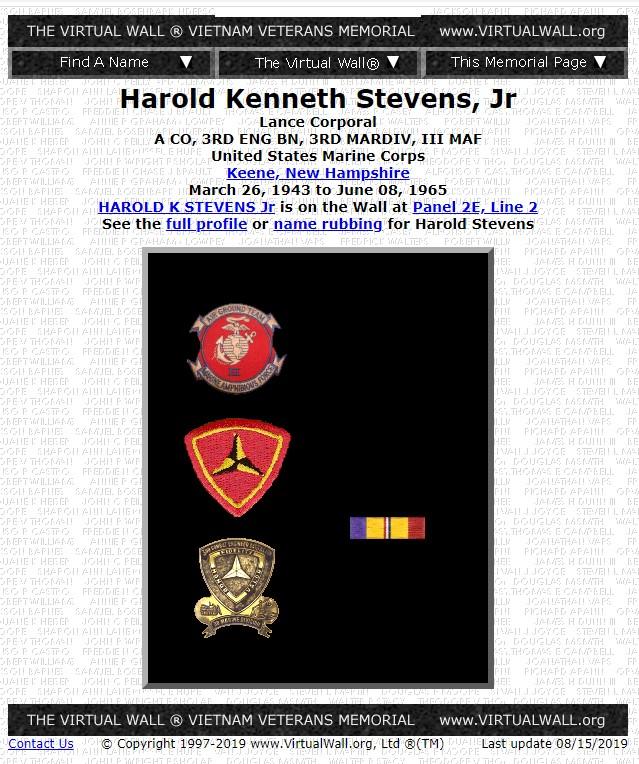 Harold Kenneth Stevens Keene NH Vietnam War Casualty