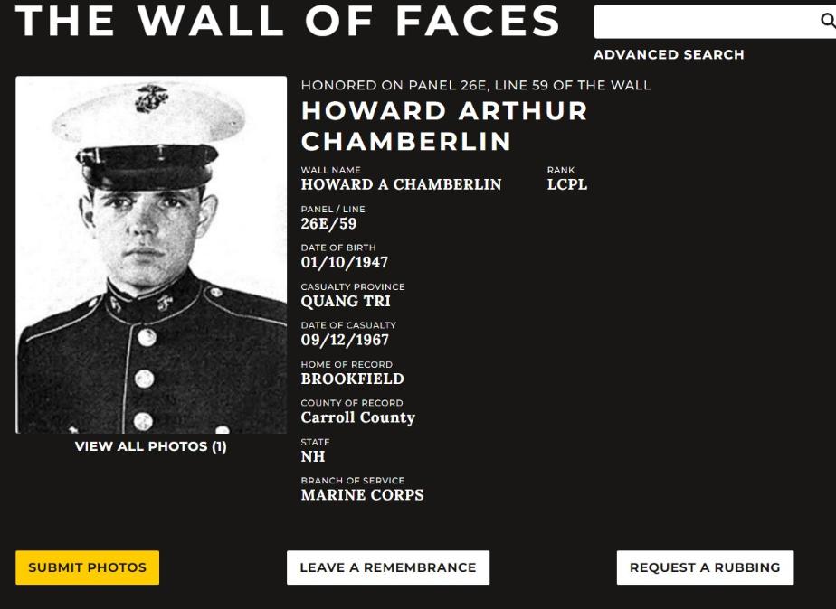 Howard Arthur Chamberlin Brookfield NH Vietnam War Casualty