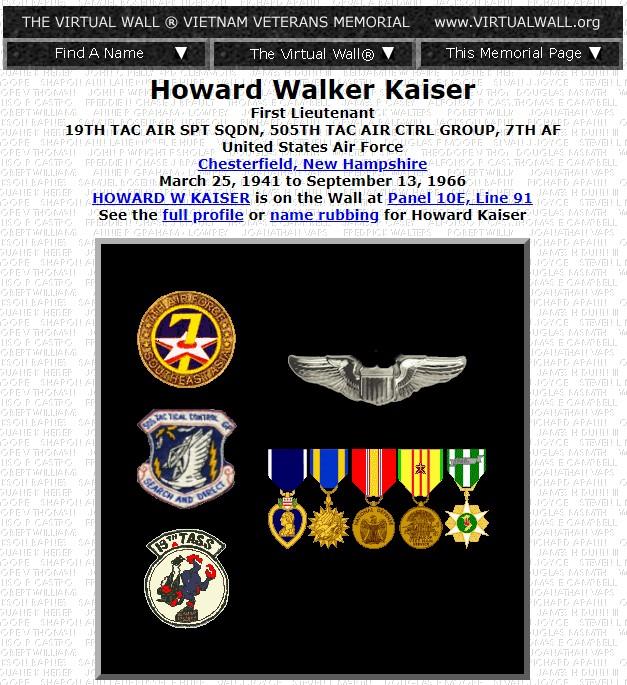 Howard Walker Kaiser Chesterfield NH Vietnam War Casualty
