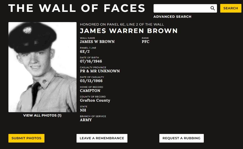 James Warren Brown Campton NH Vietnam War Casualty