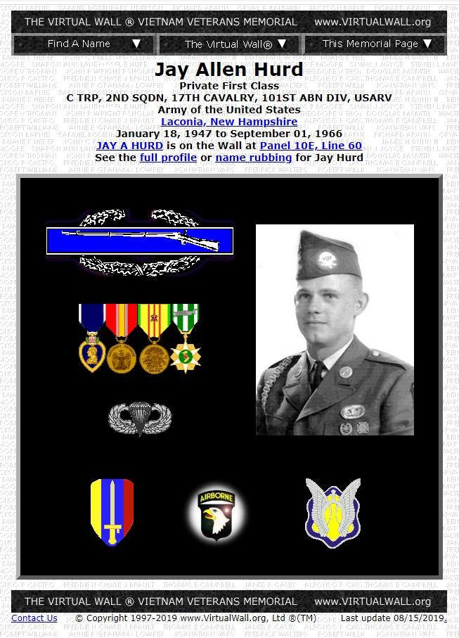 Jay Allen Hurd Laconia NH Vietnam War Casualty