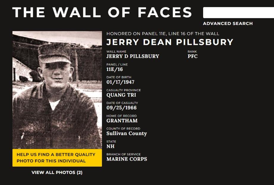 Jerry Dean Pillsbury Grantham NH Vietnam War Casualty