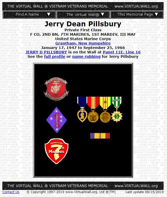 Jerry Dean Pillsbury Grantham NH Vietnam War Casualty