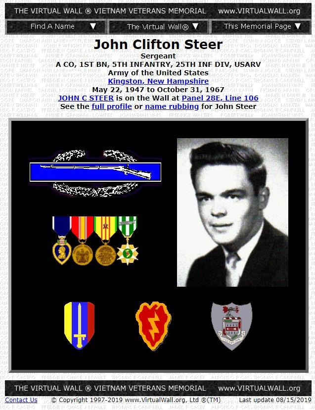 John Clifton Steer Kingston NH Vietnam War Casualty