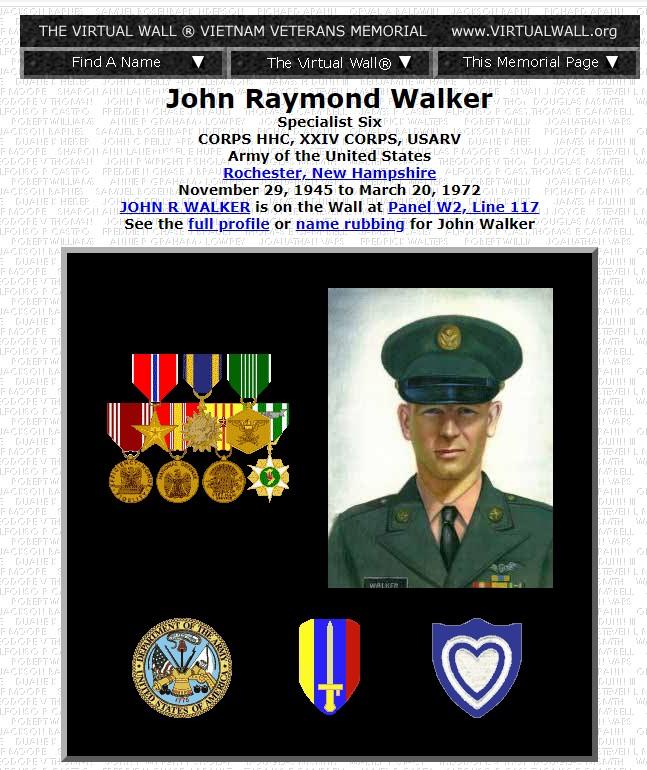 John Raymond Walker Rochester NH Vietnam War Casualty
