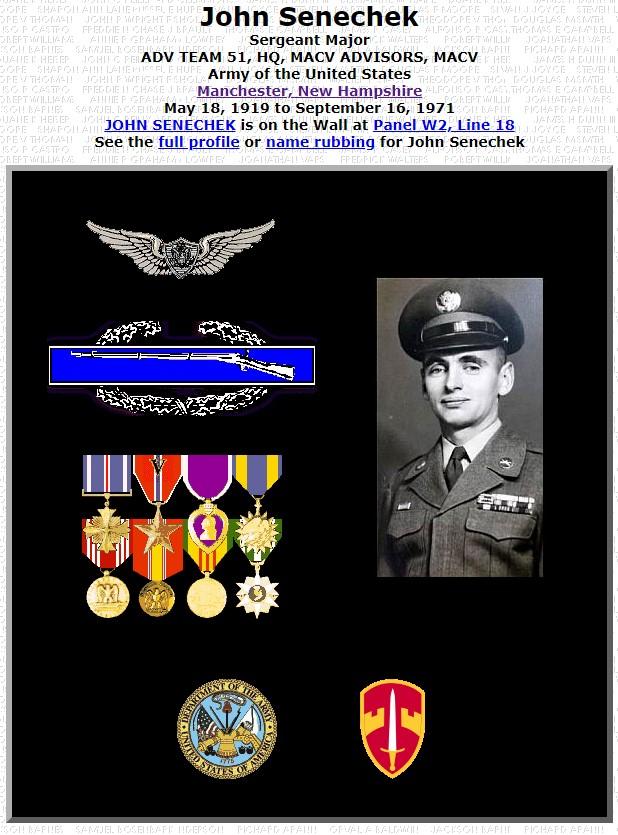 Sgt Major Jophn Senechek Manchester NH Vietnam Casualty