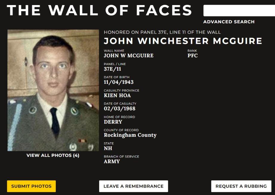 John Winchester McGuire Derry NH Vietnam War Casualty