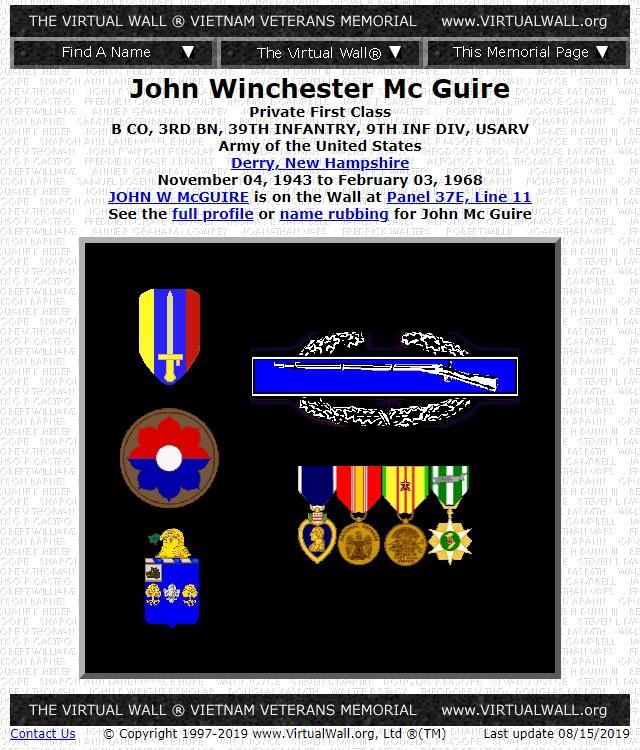 John Winchester McGuire Derry NH Vietnam War Casualty