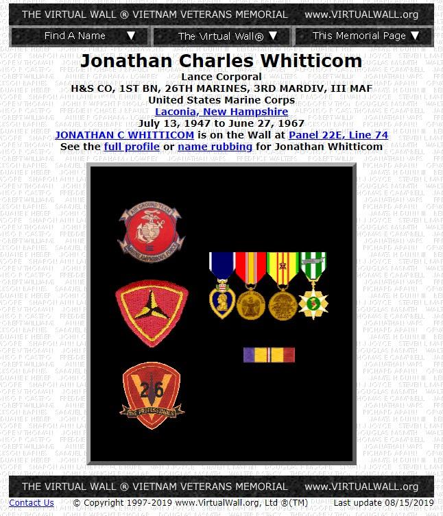 Jonathan Charles Whitticom Laconia NH Vietnam War Casualty