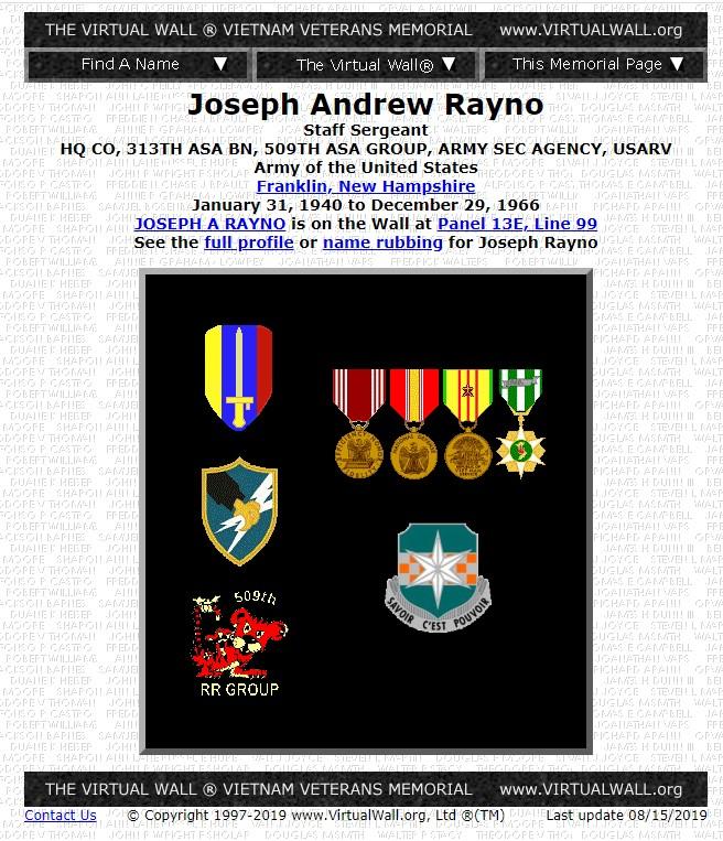 Joseph Andrew Rayno Franklin NH Vietnam War Casualty