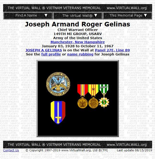 Joseph Armand Roger Gelinas Manchester NH Vietnam War Casualty