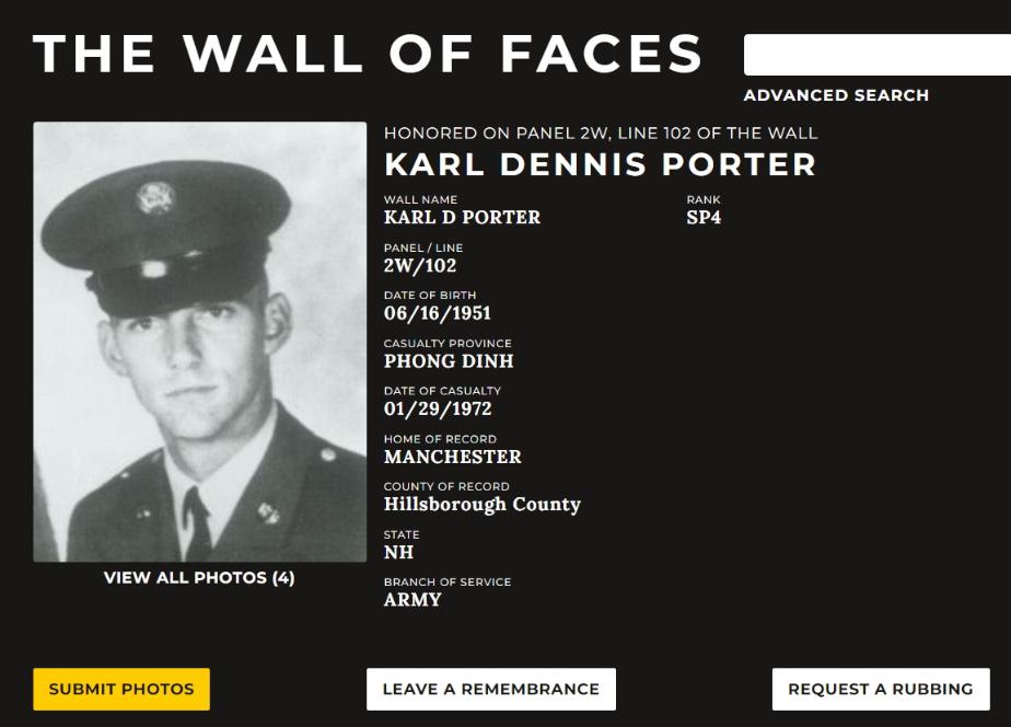 Karl Dennis Porter Manchester NH Vietnam War Casualty