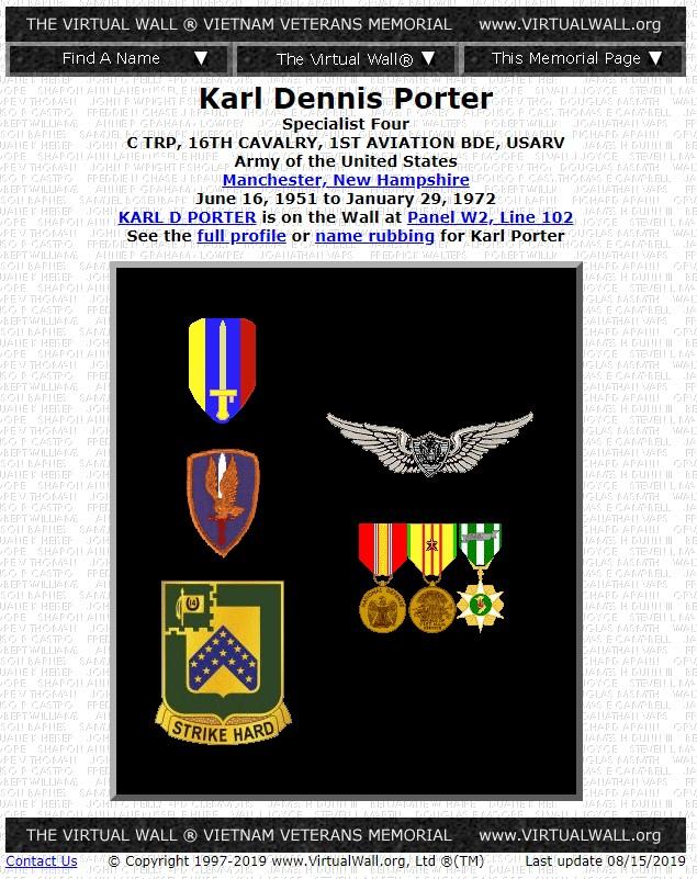 Karl Dennis Porter Manchester NH Vietnam War Casualty