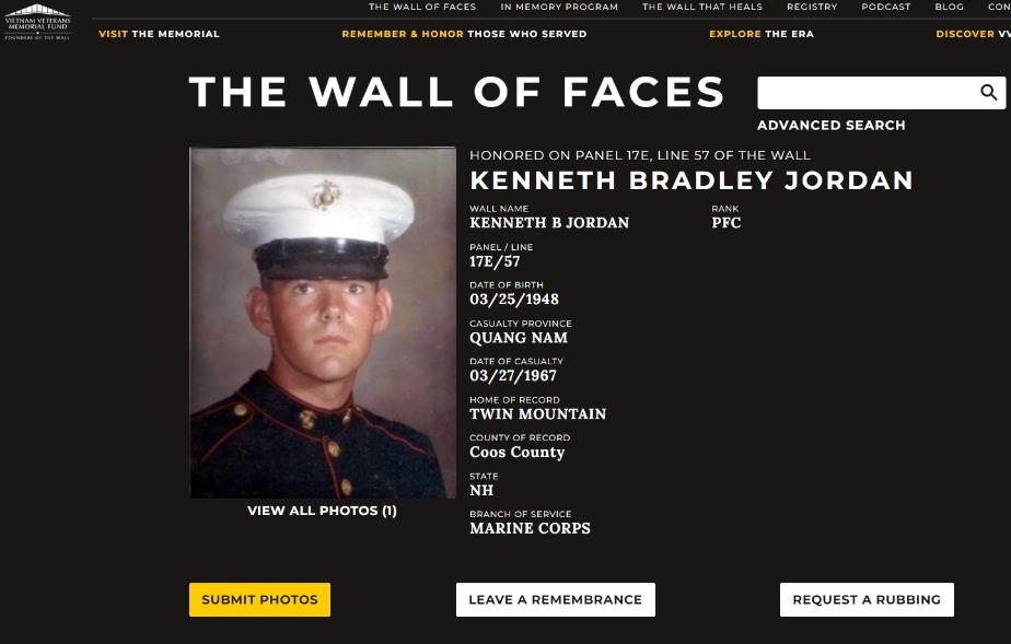 Kenneth Bradley Jordan - Twin Mountain Nh Vietnam War Casualty