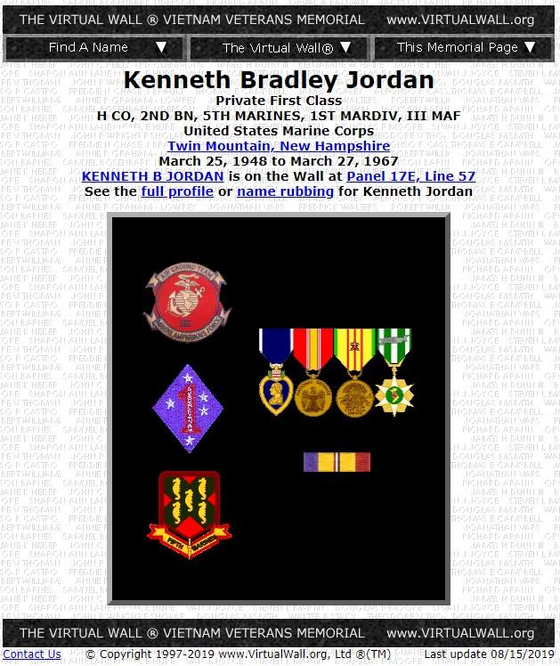 PFC Kenneth Bradley Jordan Twin Mountain Vietnam Casualty