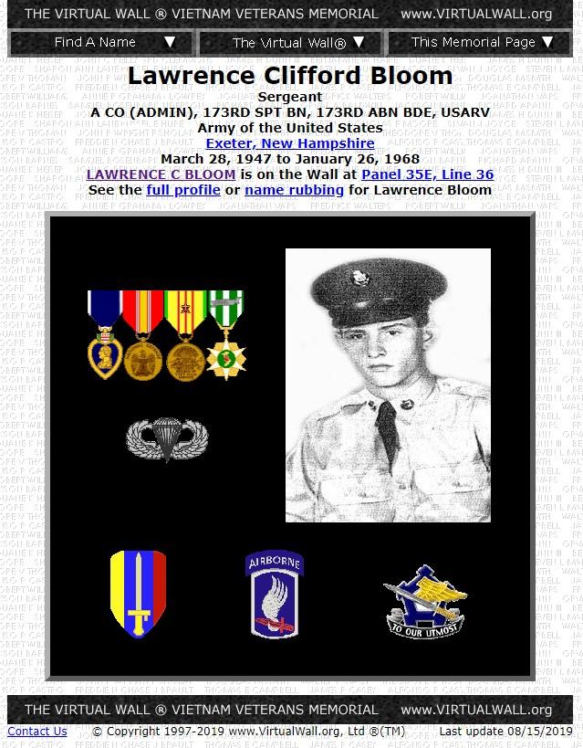 Sgt Lawrence Clifford Bloom - Exeter NH Vietnam Casualty