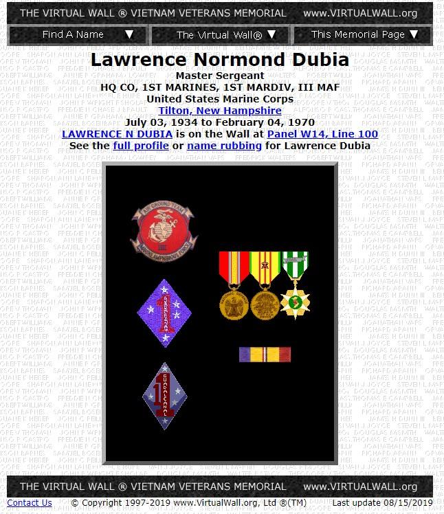 Lawrence Normond Dubia Tilton NH Vietnam War Casualty