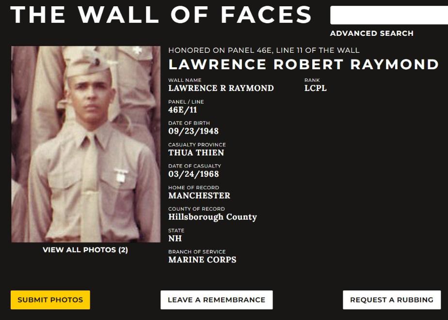 Lawrence Robert Raymond  Manchester NH Vietnam War Casualty