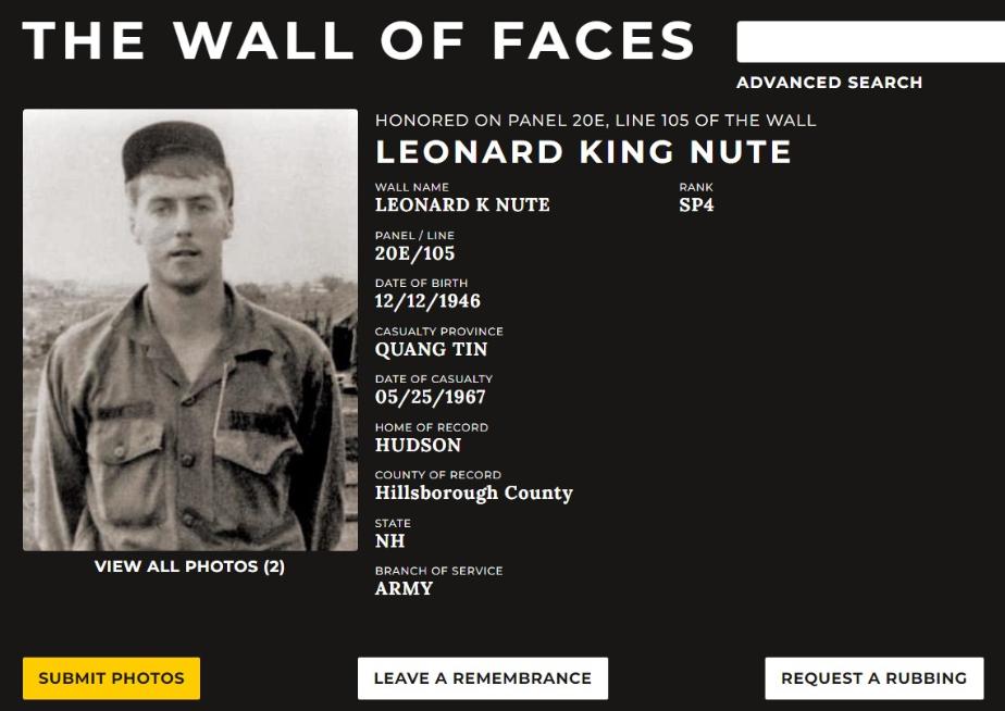 Leonanrd King Nute Hudson NH Vietnam War Casualty