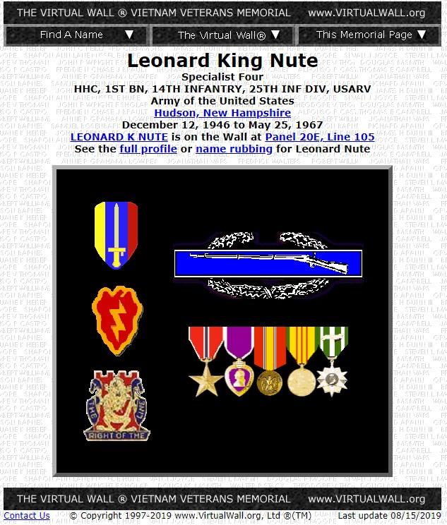 Leonanrd King Nute Hudson NH Vietnam War Casualty