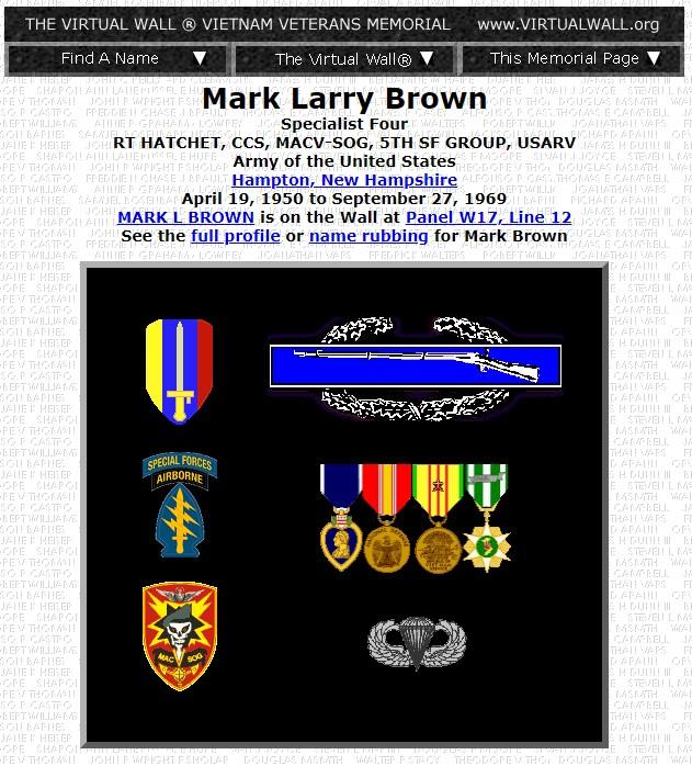 Mark Lawrence Brown Hampton NH Vietnam War Casualty