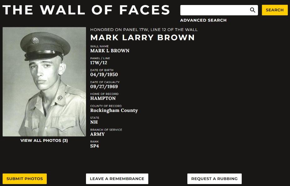 Mark Lawrence Brown Hampton NH Vietnam War Casualty