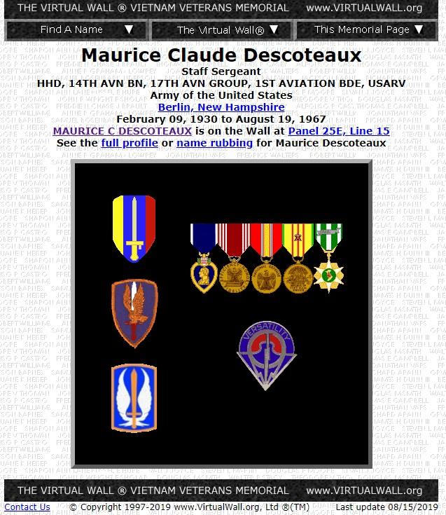 Maurice Claude Descoteaux Berlin NH Vietnam War Casualty