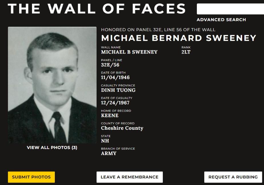 Michael Bernard Sweeney Keene NH Vietnam War Casualty