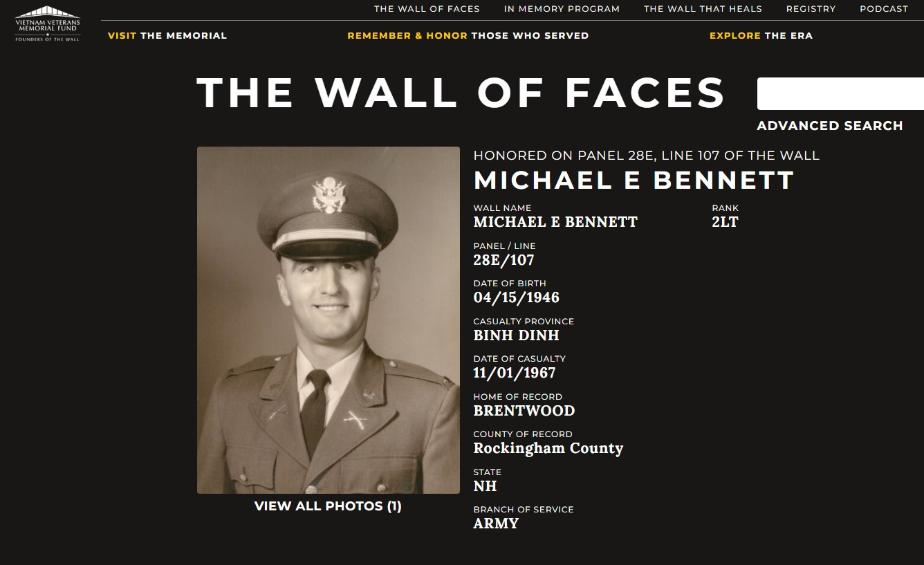 Michael E Bennett Brentwood NH Vietnam War Casualty