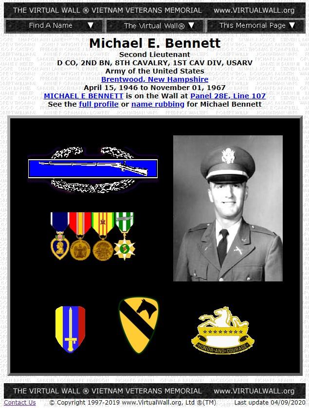 Michael E Bennett Brentwood NH Vietnam War Casualty