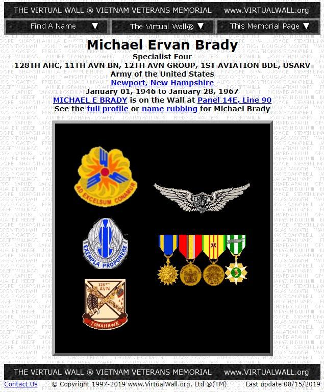Michael Ervan Brady Newport NH Vietnam War Casualty