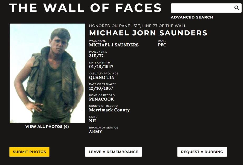 Michael Jorn Saunders Penacook NH Vietnam Casualty